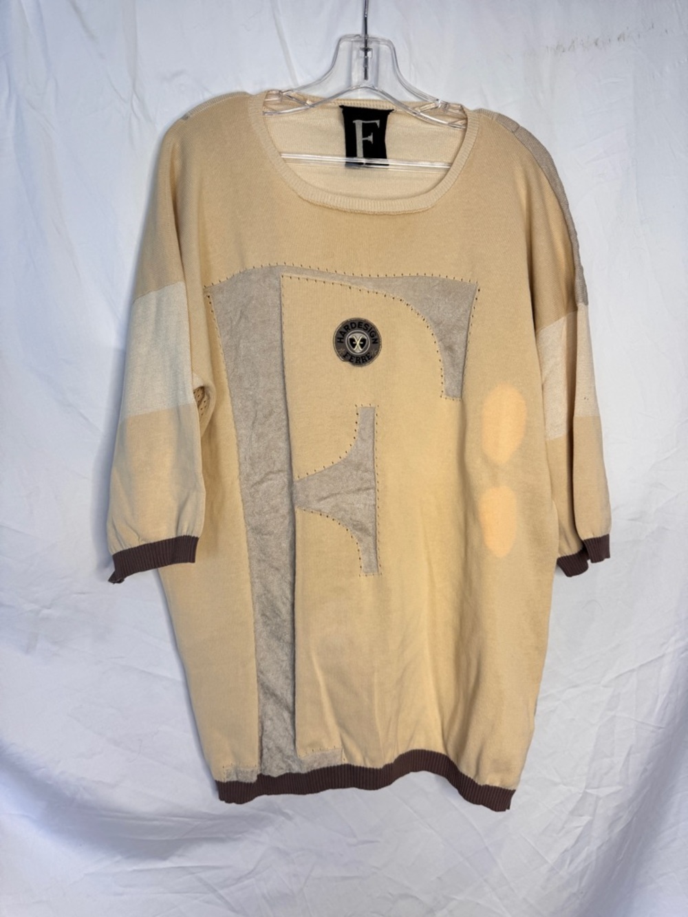 Gianfranco Neutral Beige Graphic Sweater Short Sleeve with Contrast Trim